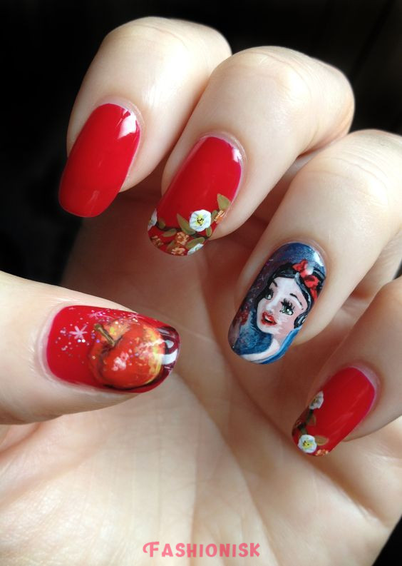 Enchanting Snow White's Apple Reds Disney Nail Art