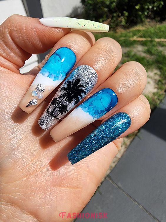 Moana's Ocean Wave Accents Disney Nail Art