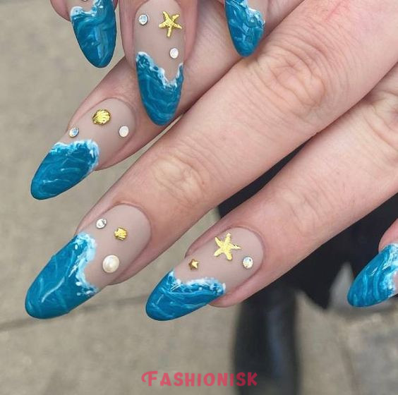 Moana's Ocean Wave Accents Disney Nail Art