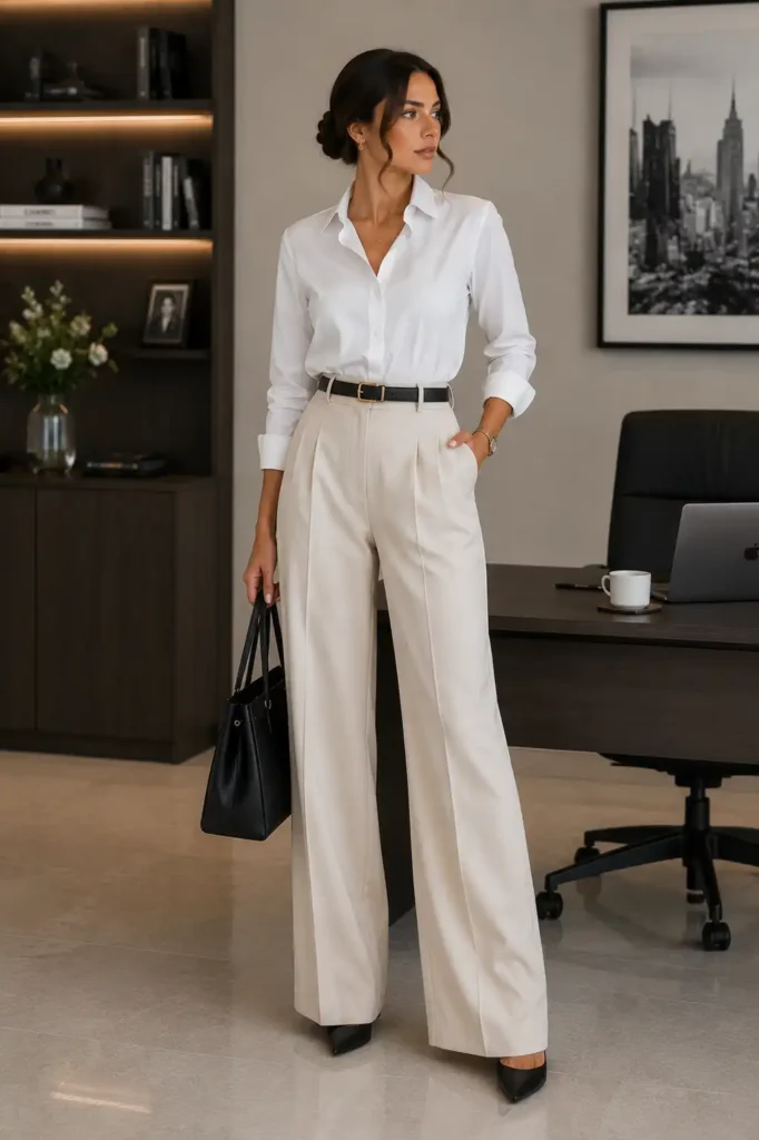 White shirt + wide-leg trousers