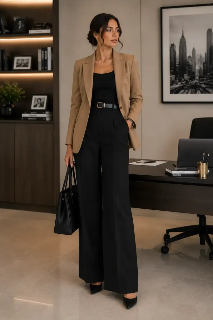 Camel blazer + black trousers