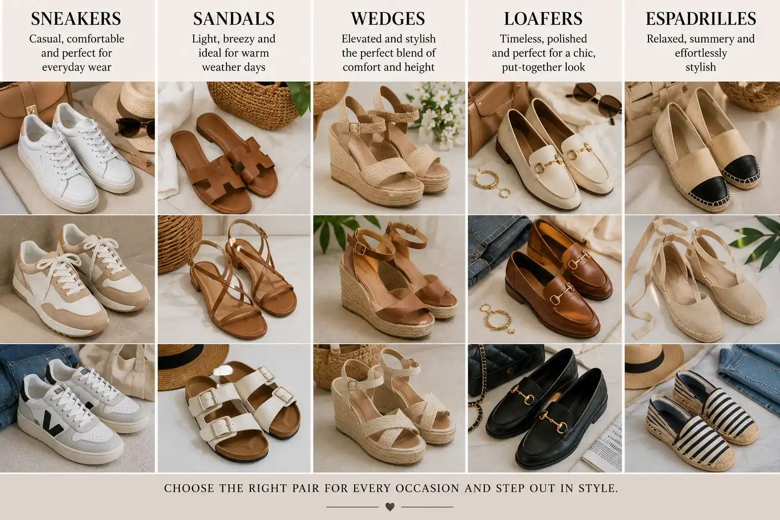 Sneakers, sandals, wedges, loafers